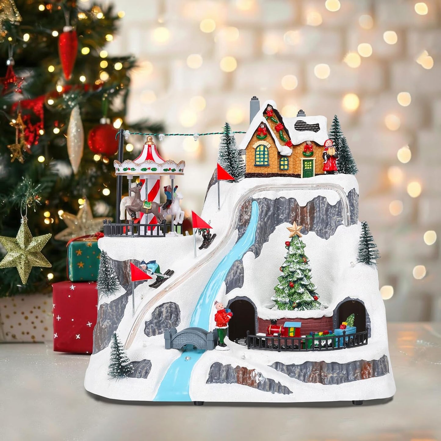 Wonder Garden Christmas Village Houses - Lighted Musical Ski Resort with Moving Train & Carousel | Collectible Indoor Decor