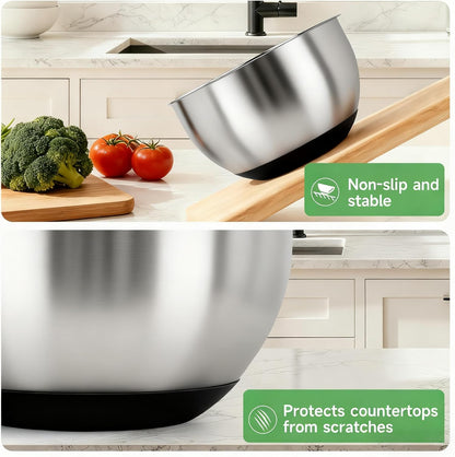 Stainless Steel Mixing Bowls Set by [Brand Name] - Airtight Lids, Non-Slip Base, 3 Sizes (1.5/3/5 QT) | Ideal for Food Prep & Storage