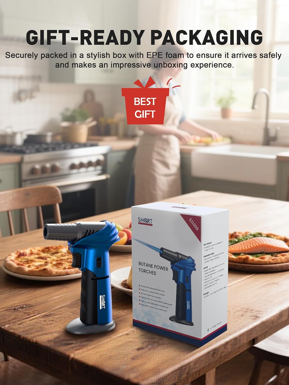 SMART JERRY Mini Torch Gun - Windproof Butane Lighter with Safety Lock | Adjustable Flame Up to 1500℃ for Cooking, BBQ, and Soldering