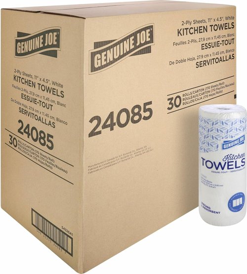 Genuine Joe Kitchen Paper Towels - 2-Ply, 11" x 4.5", 170 Sheets/Roll | 30 Count for Superior Absorbency