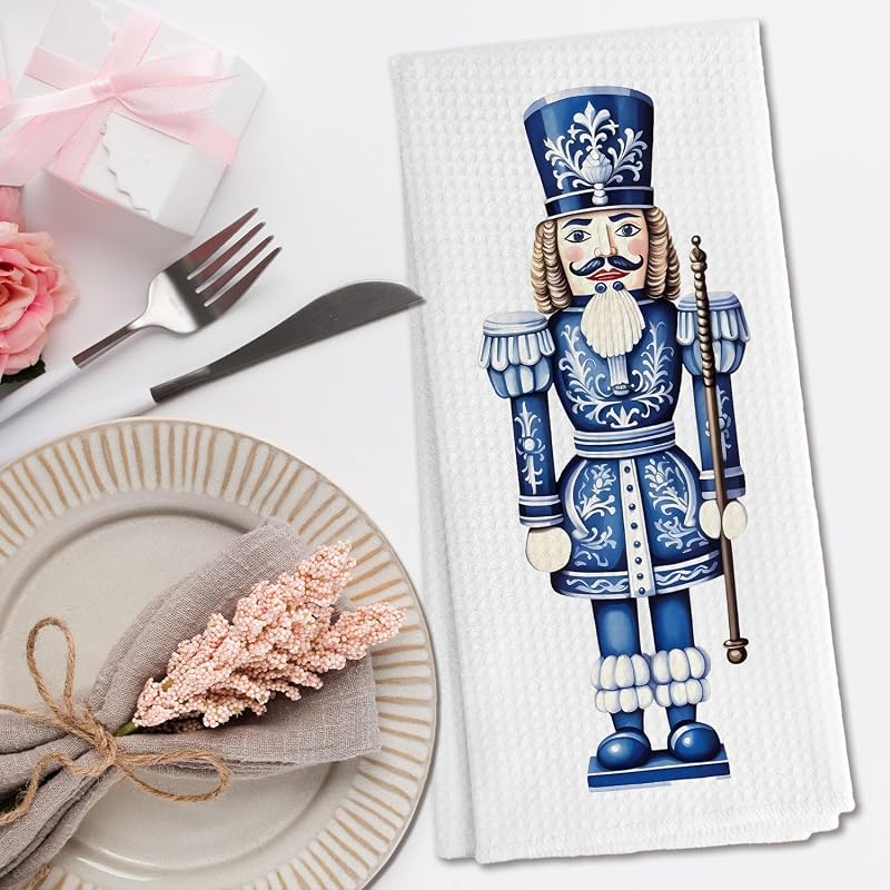 Section 7 — Christmas Chinoiserie Nutcracker Kitchen Towels, 16x24, Blue & White