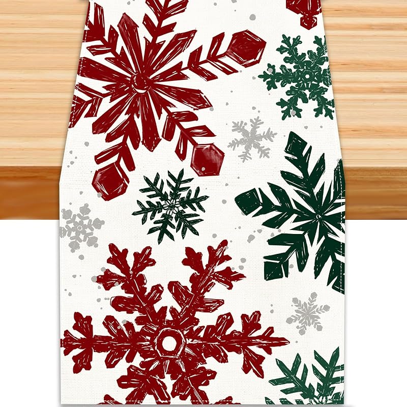 Christmas Winter Table Runner, Red Green Silver Snowflakes 13x72in - Variation: Red Green Silver+13x72in