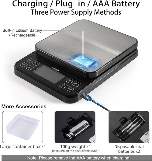 BOMATA Large Kitchen Scale - High Precision 0.1g/0.001oz | USB Rechargeable, Stainless Steel, 5kg/11lb Capacity