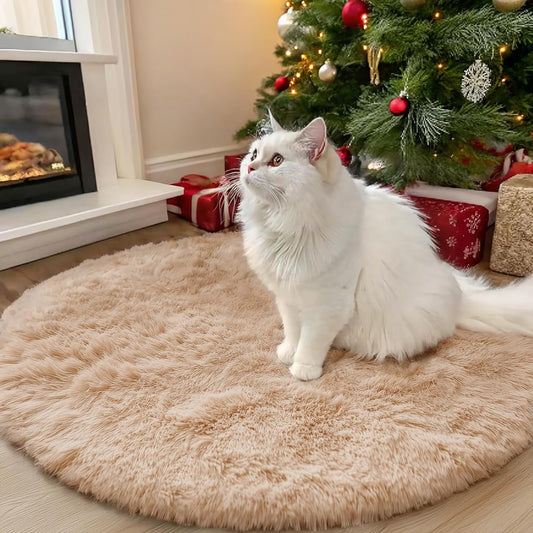 OLANLY Round Beige Area Rug - Soft, Fluffy, Machine Washable 3 ft Circle Carpet for Bedroom & Living Room