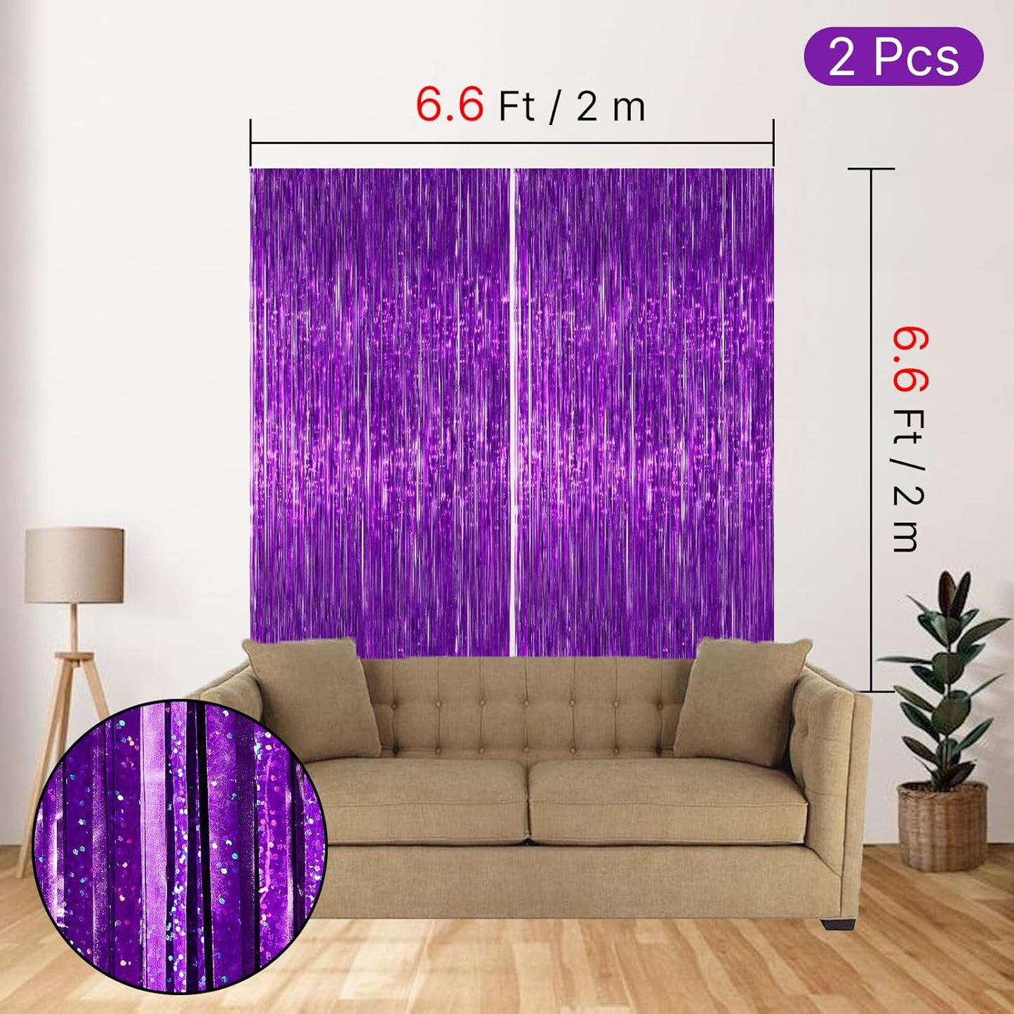 PartyWoo Purple Foil Fringe Curtain Backdrop - 2 Pack 3.3x6.6 Ft Metallic Streamers for Parties