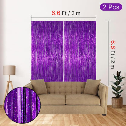 PartyWoo Purple Foil Fringe Curtain Backdrop - 2 Pack 3.3x6.6 Ft Metallic Streamers for Parties
