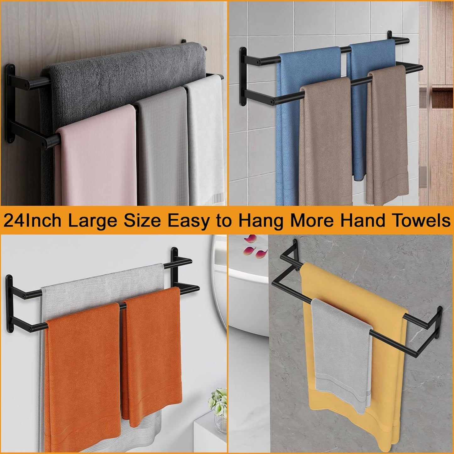 Skiennix Double Towel Bar - 24-Inch Stainless Steel Bath Rack | Matte Black Wall-Mounted Holder