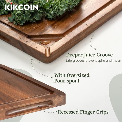 Kikcoin Wooden Cutting Boards Set - 3 PCS Kitchen Chopping Boards with Holder & Juice Groove