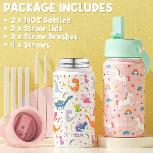 Fimibuke Kids Insulated Water Bottle - 14oz BPA-Free Double Wall Tumbler | Leak-Proof Metal Cups (2 Pack, Unicorn/White Dinosaur)