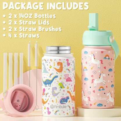 Fimibuke Kids Insulated Water Bottle - 14oz BPA-Free Double Wall Tumbler | Leak-Proof Metal Cups (2 Pack, Unicorn/White Dinosaur)