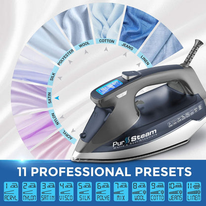 Pursteam Steam Iron - 1800W with LCD Screen, Nonstick Ceramic Soleplate & Auto Shutoff | Self-Cleaning Feature