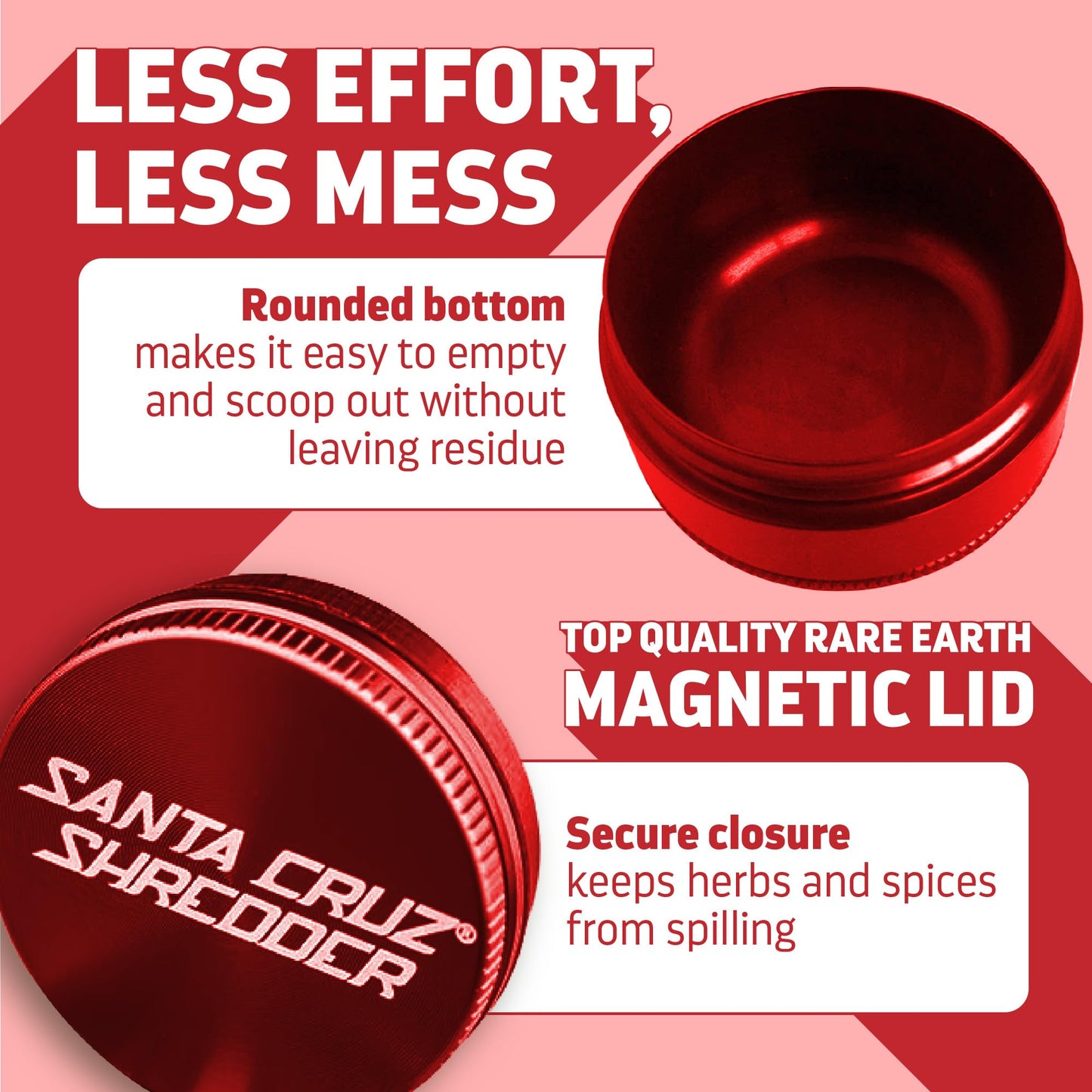 Santa Cruz Shredder Metal Herb Grinder Knurled Top for Stronger Grip 3-Piece Medium 2.2" (Red)