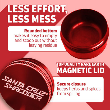 Santa Cruz Shredder Metal Herb Grinder Knurled Top for Stronger Grip 3-Piece Medium 2.2" (Red)