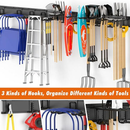 Housolution Heavy Duty Garage Wall Organizer - 64 Inch Storage System with 12 Adjustable Hooks | 570 lbs Capacity