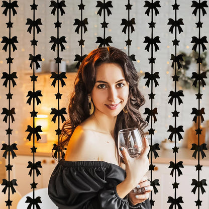 Menstarsi Bow Party Decorations - 2 Pack Black Foil Fringe Curtains | 3.3 X 6.6 Ft Backdrop for Events