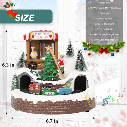 Afirst Christmas Village Houses - Lighted Musical Train Set with Popcorn Wagon & Rotating Xmas Tree | Indoor Display Decor