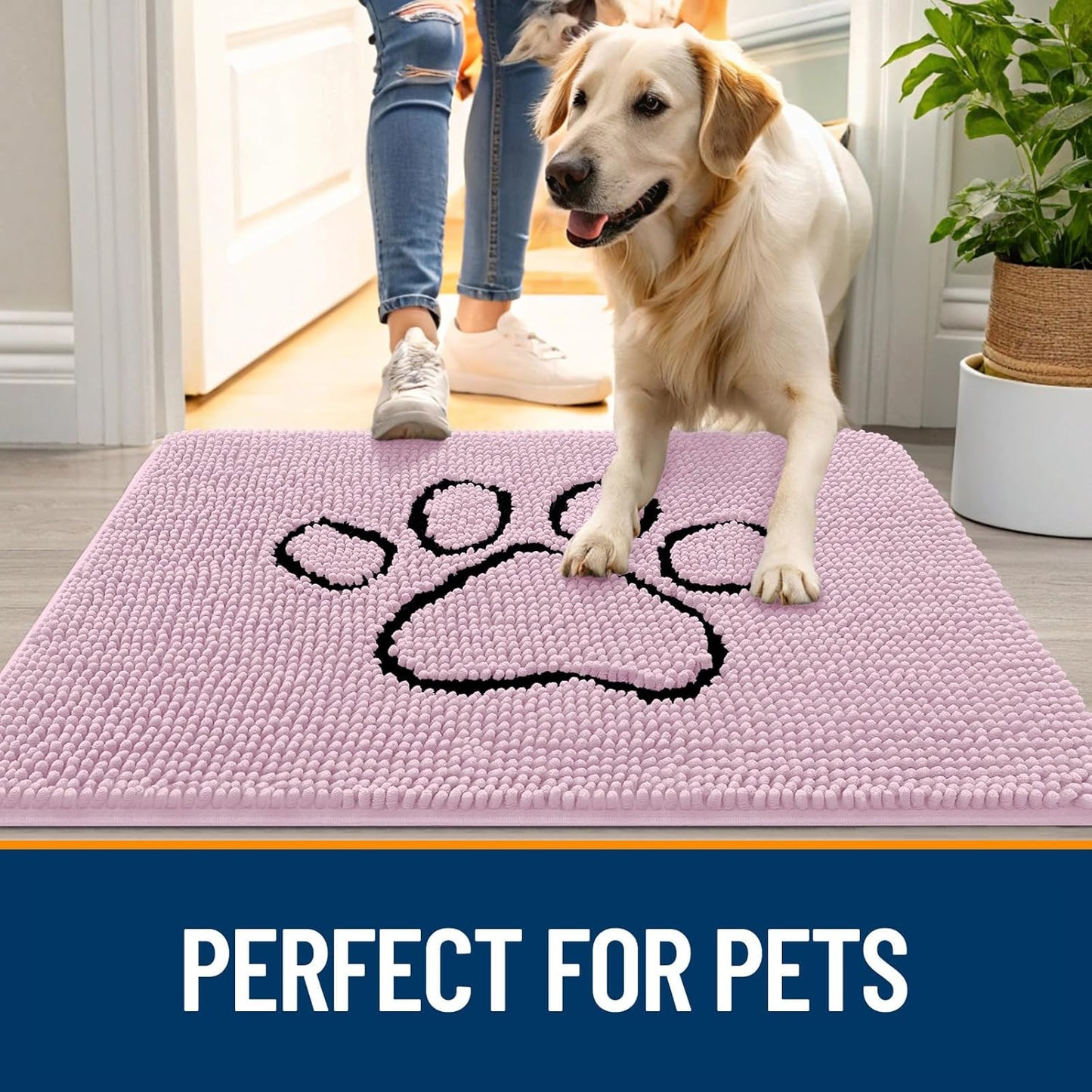 OLANLY Dog Door Mat - Absorbent Muddy Paws Doormat | Non-Slip Chenille 48x30, Dusty Rose