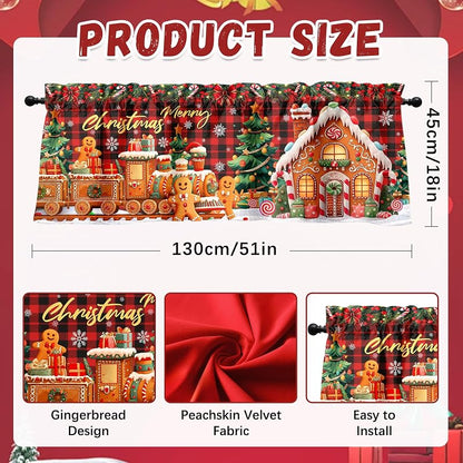 Gingerbread 2-Pack Christmas Valance Curtain 51x18 in - Peachskin Velvet, Rod Pocket