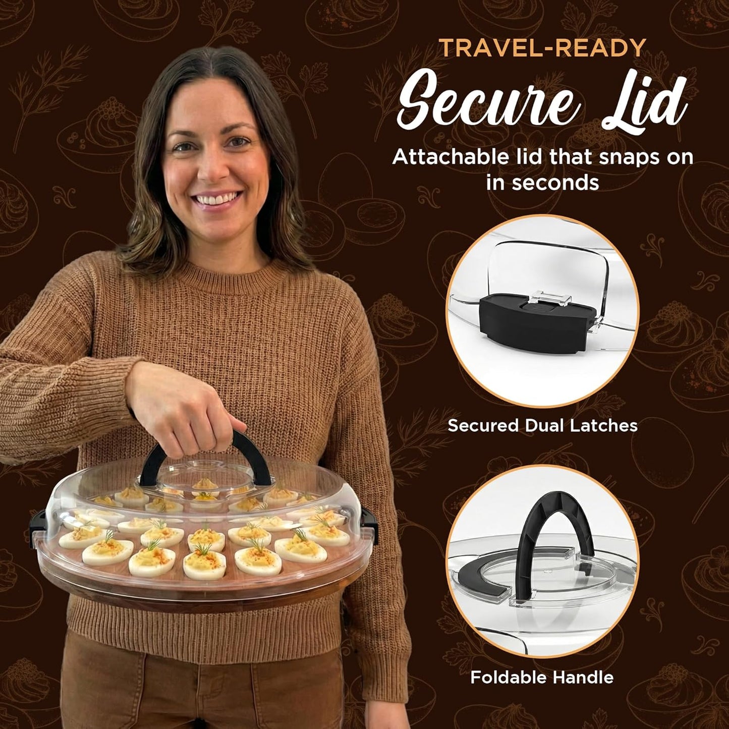 Trauful Deviled Egg Carrier - Reversible Wooden Container with Lid & Handle | Holds 22 Eggs, Acacia Wood
