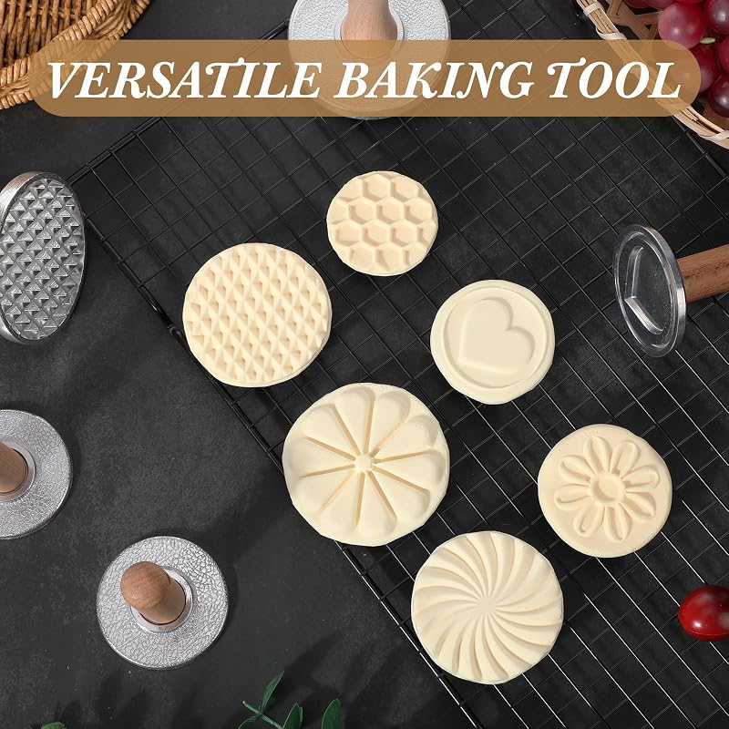 Cookie Stamp Set of 6 with Wooden Handle – Metal Cookie Press Cutters for Embossing