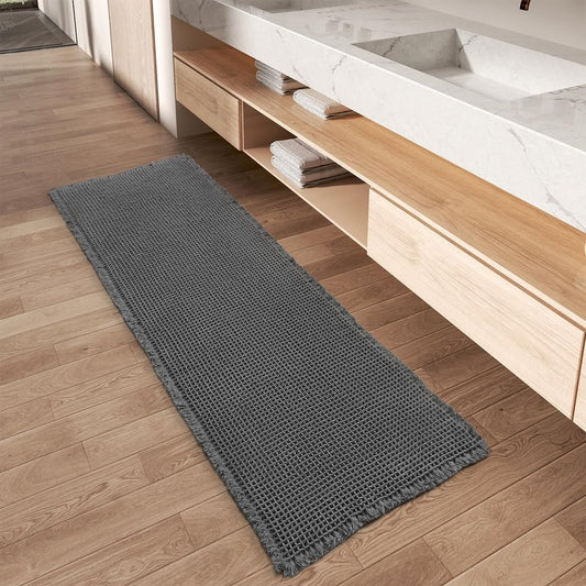 Upgraded Waffle Runner Rug, Super Absorbent Non Slip Bath Mats for Bathroom Floor, Washable Bathroom Runner Rug with Tassels, Ideal for Hallway Bedroom Laundry Room, Dark Grey, 2'x 5'(24" x 60")