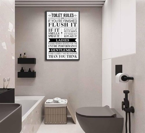 Funny Toilet Rules Canvas Wall Art - Black and White Humor for Eclectic Bathroom Decor