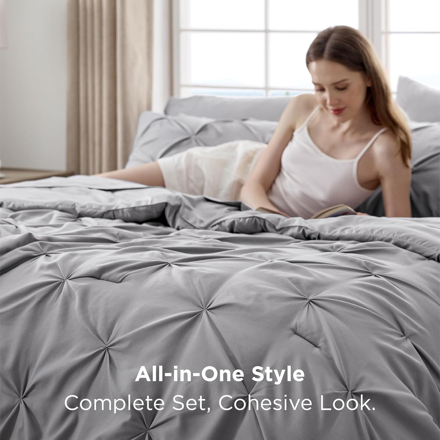 Bedsure Queen Comforter Set - Grey Pintuck Bed in a Bag | 7-Piece All-Season Bedding Set with Sheets & Pillowcases