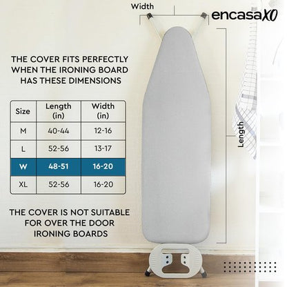 Encasa XO Ironing Board Cover and Pad 49"x18" - 4mm Felt & 2mm Foam Metallized Silver Iron Board Cover with Padding - Heat & Scorch Resistant, Non Slip, Bungee Elasticated, 3 Fasteners Silver Luxury