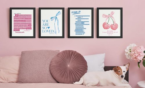DSHFG Christian Wall Art - Trendy Pink & Blue Cherry Bow Decor | Set of 4 Bible Verse Prints 8x10