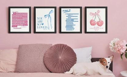 DSHFG Christian Wall Art - Trendy Pink & Blue Cherry Bow Decor | Set of 4 Bible Verse Prints 8x10