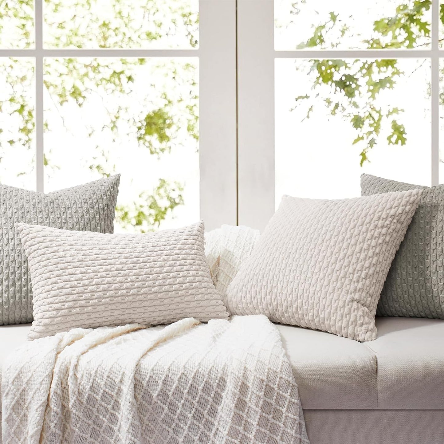 Softalker Throw Pillow Covers - Set of 2, 18x18 Inch Soft Corduroy Boho Stripe for Farmhouse Decor | Beige