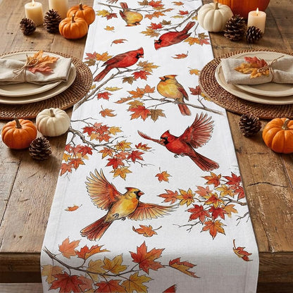 Fall Table Runner 13x72 Inch Cardinals Maple Leaf Burlap Autumn Decor