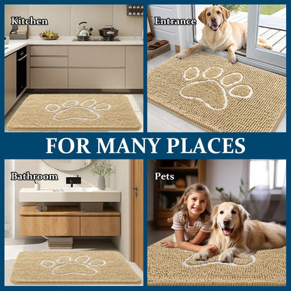 OLANLY Dog Door Mat - Absorbent Non-Slip Mud Mat for Muddy Paws | 36x24 Paw Print Design, Quick Dry Beige