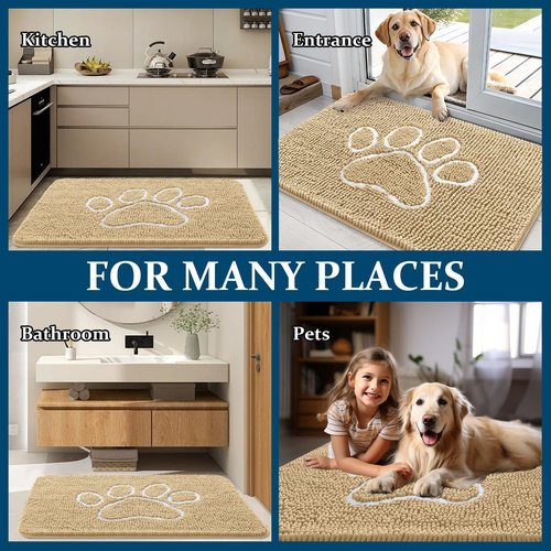 OLANLY Dog Door Mat for Muddy Paws 36x24, Paw Print Design, Absorbs Moisture and Dirt, Absorbent Non-Slip Washable Doormat, Quick Dry Chenille Mud Mat for Dogs, Entry Indoor Entryway Carpet, Beige
