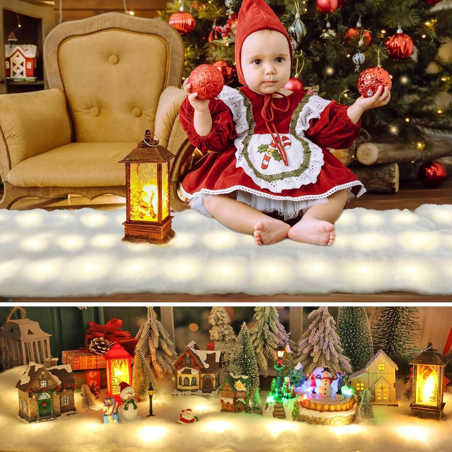 Skiennix Christmas Snow Blanket - 1.3x5.25 Ft Faux Snow Roll with 50 LED Lights | Perfect for Winter Village Displays