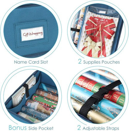 Hearth & Harbor Wrapping Paper Storage Container - Tear-Proof Gift Wrap Organizer for 22 Rolls - Blue