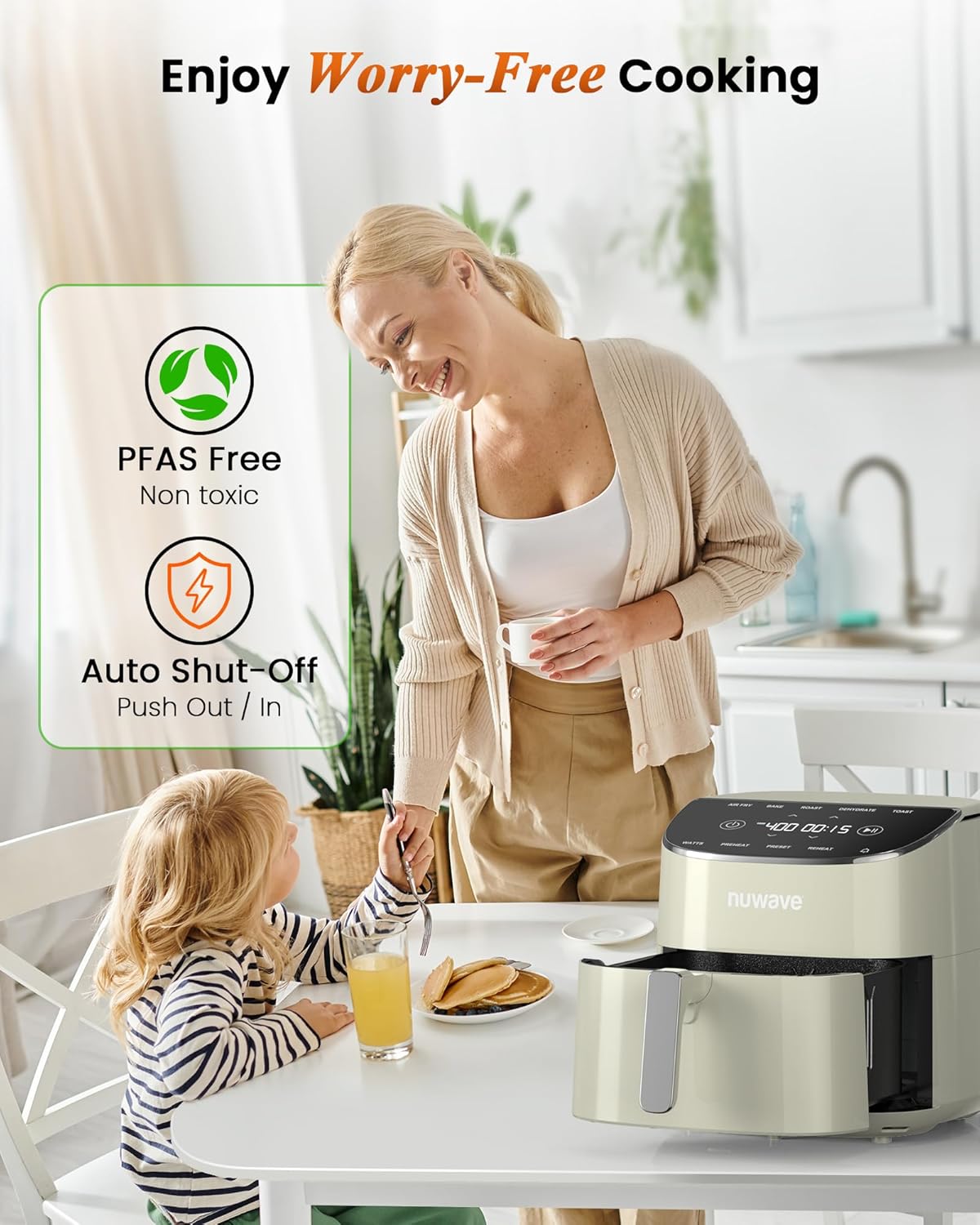 Nuwave Brio Plus Air Fryer - 8 Qt, PFAS-Free, 7 Digital Functions, 150 Presets, Cream Color