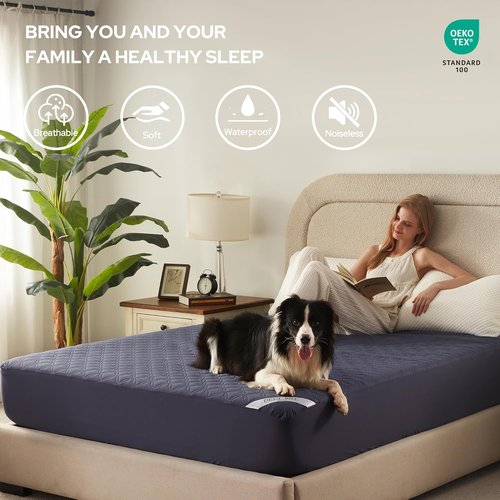 BEDLORE Waterproof Mattress Protector - Noiseless Full Size Pad with Deep Pocket 6"-15" Depth | Soft, Washable Cover in Navy Blue