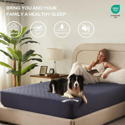 BEDLORE Waterproof Mattress Protector - Noiseless Full Size Pad with Deep Pocket 6"-15" Depth | Soft, Washable Cover in Navy Blue