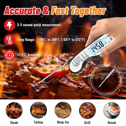 Meat Thermometer - IP67 Waterproof Digital Thermometer with Backlight & Magnet for BBQ, Grill, Candy