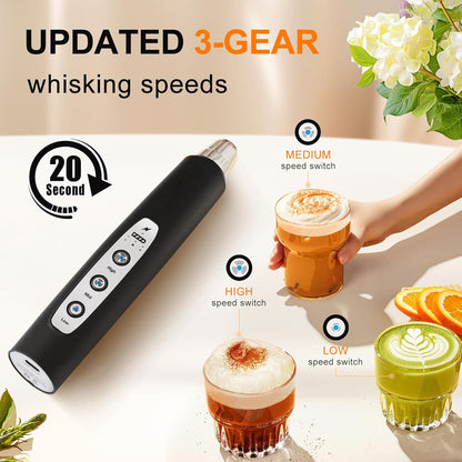 YUSWKO Handheld Milk Frother - Rechargeable Electric Whisk with 3 Heads & 3 Speeds for Lattes, Cappuccinos & More