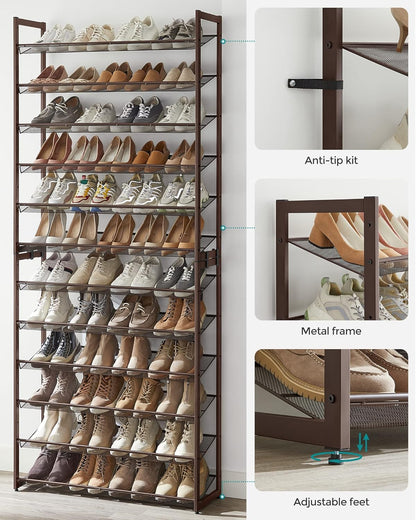 SONGMICS 12-Tier Shoe Rack - Metal Organizer for Garage | Stackable Design Holds 48-60 Pairs, Bronze
