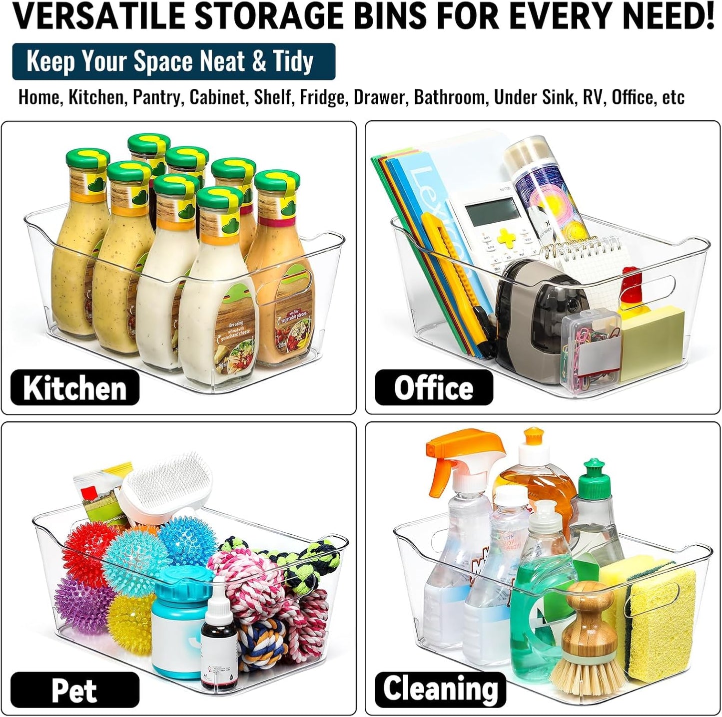 SOHO Collection Clear Plastic Storage Bins - 12 Pack Multi-Use Organizers with Labels for Home & Office - Large Size