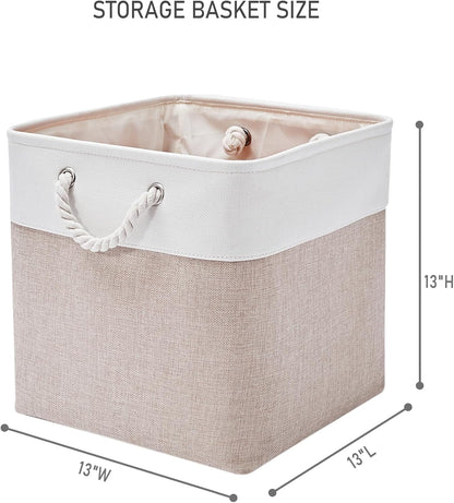 Skiennix 6-Pack Storage Cubes - 13x13 Inch Fabric Bins with Handles for Organizing Clothes, Toys, Books | White & Beige