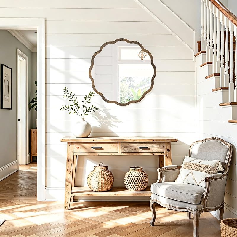 Circle Wall Mirror with Wavy Tan Wood Frame 16" – JJUUYOU Viantge