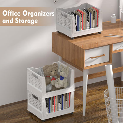 Stackable Storage Baskets by [Brand Name] - 3 Pack Foldable Organizers with Wheels | Versatile Closet & Office Storage