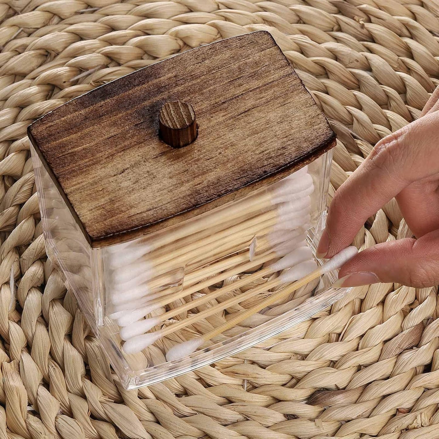 Tbestmax Cotton Swab Holder - Stylish Brown Wood Lid Qtip Dispenser for Bathroom Storage | 7 OZ