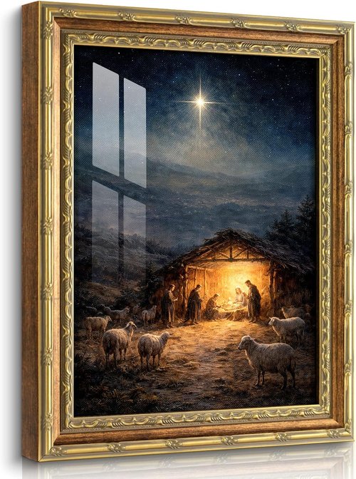 HUARCEY Framed Canvas Wall Art - 13"x16" Vintage Nativity Scene with Gold Frame | Christian Decor for Home & Church