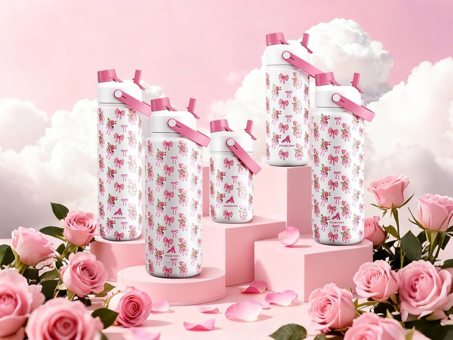 POWCAN Insulated Water Bottle - 26 oz Stainless Steel with 2-in-1 Straw & Spout Lid | Leak-Proof, Keeps Cold 24H, Fits Car Cup Holder (Rosy Bouquet)