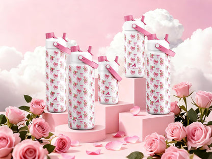 POWCAN Insulated Water Bottle - 26 oz Stainless Steel with 2-in-1 Straw & Spout Lid | Leak-Proof, Keeps Cold 24H, Fits Car Cup Holder (Rosy Bouquet)